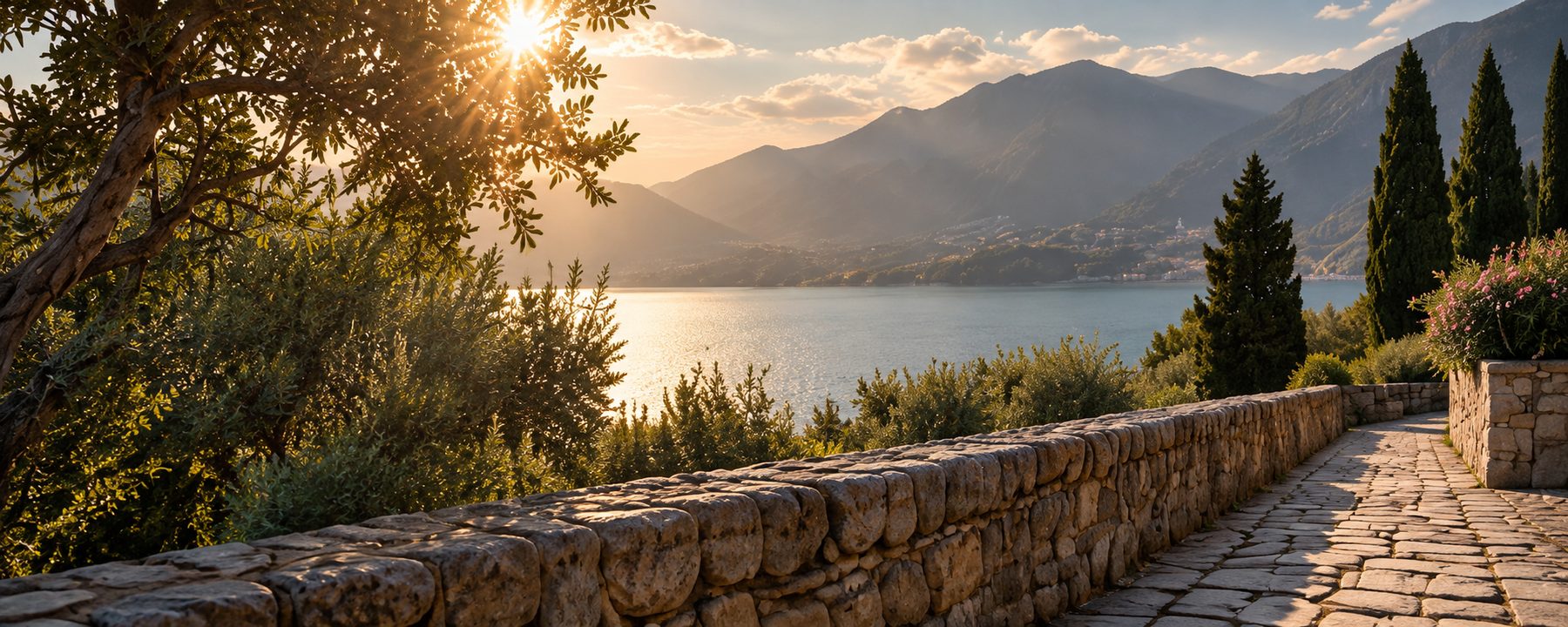 Abendlicht über einem See, Zypressen an einer alten Steinmauer